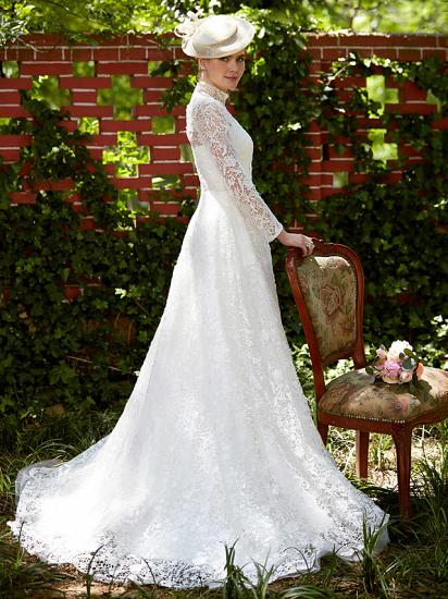 Illusion A-Line Wedding Dress Floral Lace Long Sleeve Bridal Gowns Court Train_3