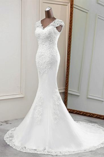 TsClothzone Luxury V-Neck Sleeveless White Lace Mermaid Wedding Dresses with Appliques_5