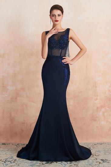 Caroline Carol | Dark Navy Tassel Sparkle Mermaid Abendkleid, elegante ärmellose Abendkleider mit offenem Rücken