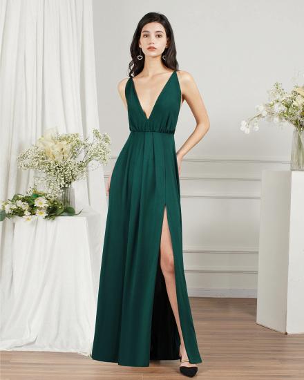 Dark Green V-Neck Side Slit Floor Length Prom Dresses | Evening dresses long V neckline_5
