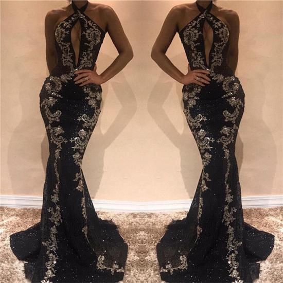 Halter Sleeveless Sexy Evening Dresses 2022 | Black Shiny Keyhole Prom Dress with Lace Appliques_3