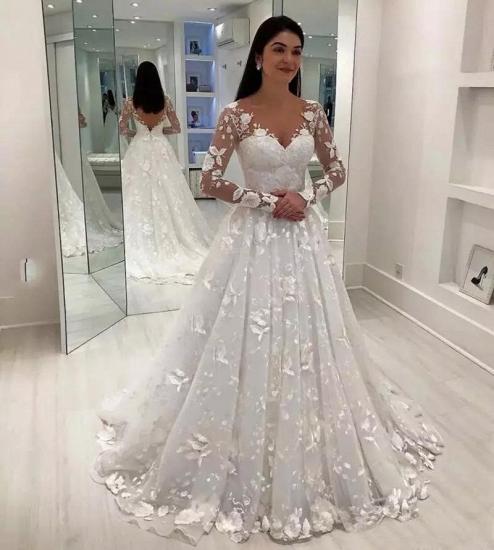 Elegant V-Neck Long Sleeves Lace Wedding Dresses | Cheap Open Back A-Line Bridal Gowns 2022_3