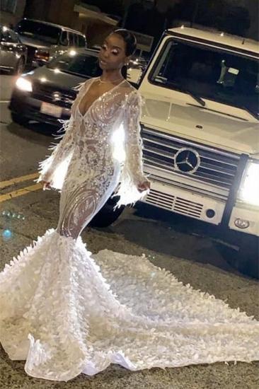Sexy See-through V-neck Long sleeves Mermaid Prom Dress with Luxury Train
