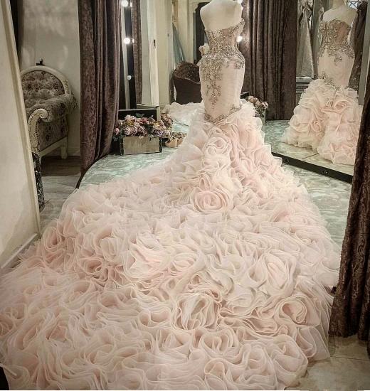 Plus Size Mermaid Crystal Lace Beads Sweetheart Long Train African Custom Made Ruffles Wedding Dresses_4