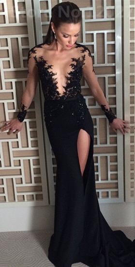 Sexy 2022 Black Prom Dresses long Sleeve Sheer Tulle Evening Gowns with Slit_1