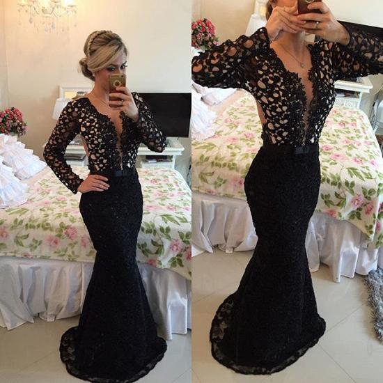 Deep V-Neck Long Sleeve Black Lace Evening Gowns Sexy Mermaid Sweep Train Formal Occasion Dress_2