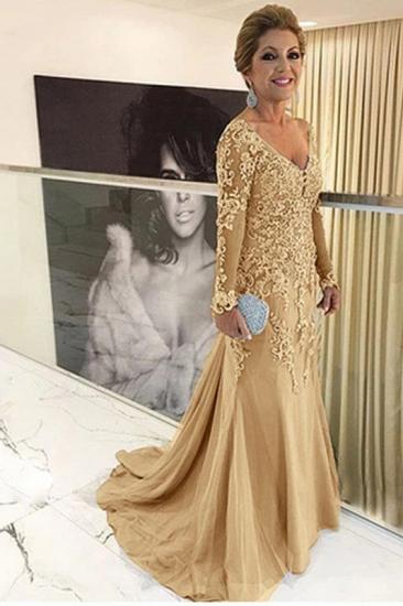 Gold v-neck long sleeves lace mother of the bride dress