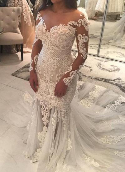 Mermaid Lace Appliques Sexy Tulle Wedding Dress | Long Sleeve Bride Dress With Long Train_2