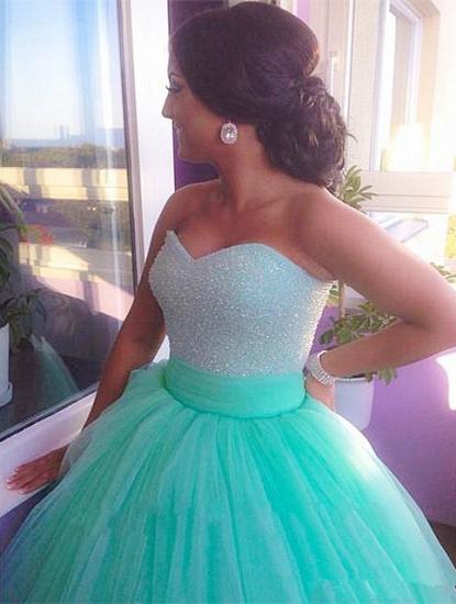Cute Sweetheart Crystal Long Prom Dress Light Green Tulle Ball Gown Quinceanera Dresses_1
