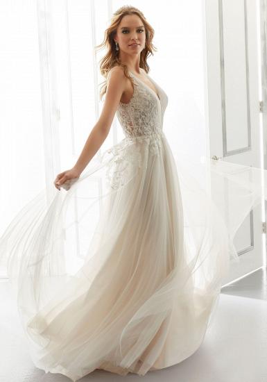 Weißes rückenfreies Brautkleid mit V-Ausschnitt, Tüllspitzenapplikationen, Brautkleider_1