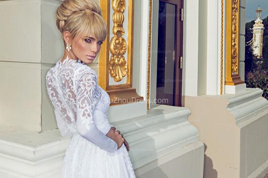Long Sleeve Jewel Lace Wedding Dresses 2022 Appliques Side Slit Zipper Bridal Gowns_3
