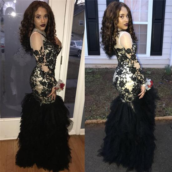 Long Sleeve Beads Black Lace Prom Dress 2022 | Sheath Ruffles Tulle Sexy Evening Gown_3