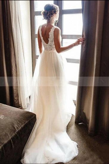White/Ivory V-Neck Lace Tulle Bridal Dress Aline Beach Wedding Dress_2