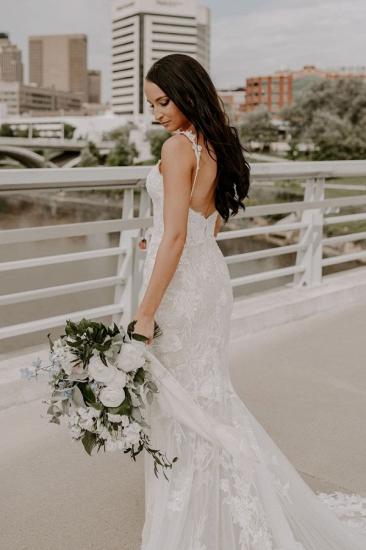 V-Neck Backless Mermaid Wedding Dress Tulle Lace Appliquéd Long Bridal Gown_3