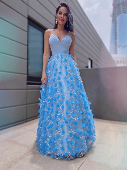 Elegant Blue a-line long prom dress with appliques_2