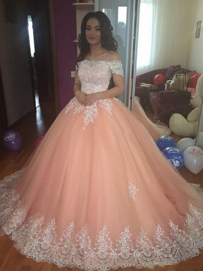 Elegant Off-the-Shoulder Appliques Ball Gown Tulle Sweep Train Prom Dresses_4