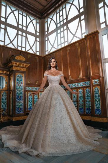 Luxurious off-the-shoulder sparkling crystal ball gown with front slit church train