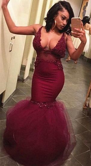 Sexy Straps Burgundy Prom Dresses 2022 | Appliques Puffy Tulle See Through Evening Gown_1