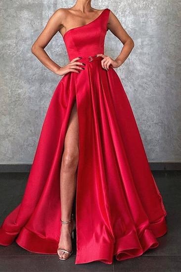 One shoudler Red High Split Prom Dresses with Pocket_2
