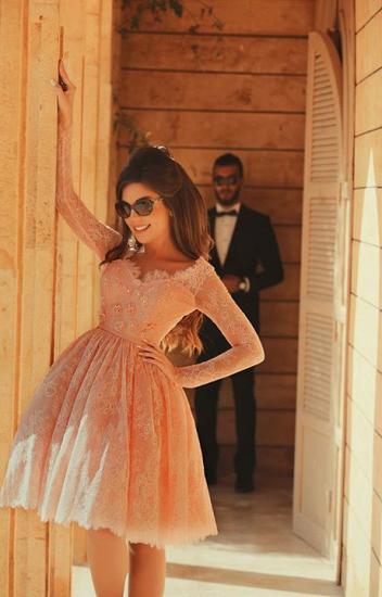 Cute Pink V-Neck Long Sleeve Homecoming Dress Latest A-Line Lace Knee Length Coctail Dresses_4