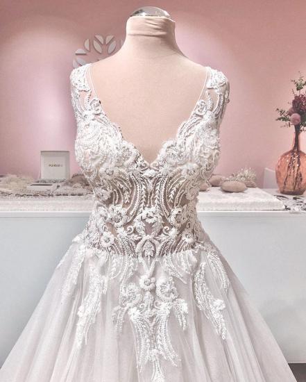 Glamouröses ärmelloses Brautkleid in A-Linie mit V-Ausschnitt_3