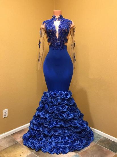 Wunderschöne Royal Blue Prom Dresses | Lange Ärmel Abendkleider mit Rosenblüten_1