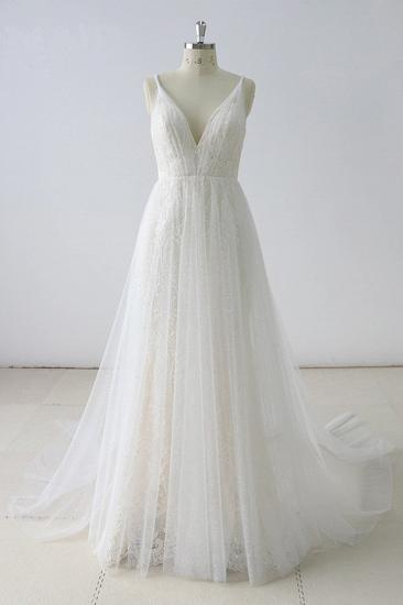 TsClothzone Gorgeous Simple White Lace V-Neck Long Wedding Dress Sleeveless Appliques Bridal Gowns On Sale_1
