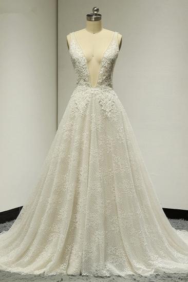 TsClothzone Sexy Tulle Deep-V-Neck Lace Wedding Dress Sleeveless Appliques Pearls Bridal Gowns On Sale_2
