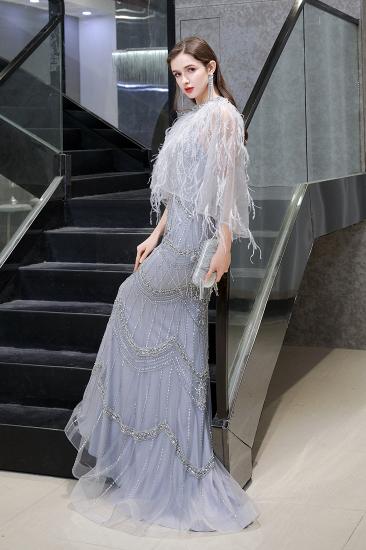 Gorgeous Silver Feather Cape Mermaid Sparkle Prom Dress_4