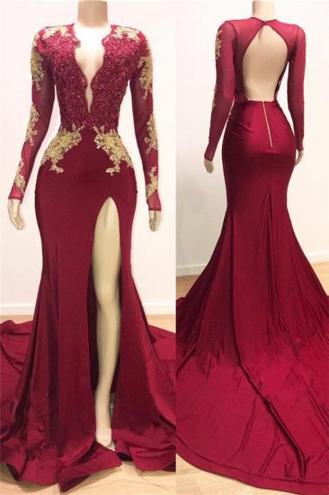 Open Back V-neck Long Sleeve Prom Dresses 2022 | Gold Lace Appliques Sexy Slit Evening Gowns