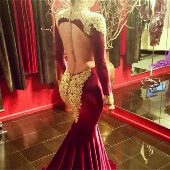 Burgundy Velvet Long Sleeve Prom Dress Gold Lace Appliques See Through Back SExy Evening Gown_3