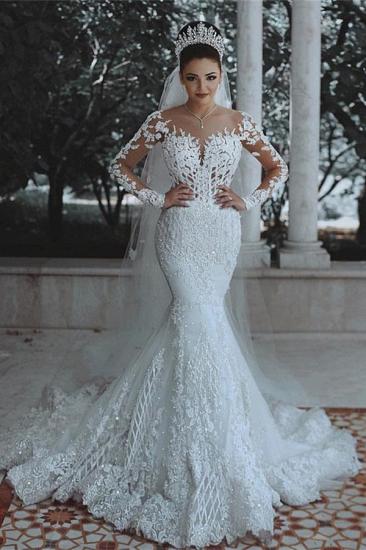 Glamouröses langärmliges Spitzen-Hochzeitskleid Meerjungfrau Designer-Brautkleider online