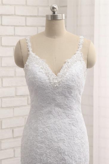 TsClothzone Elegante weiße Meerjungfrau-Hochzeitskleider mit V-Ausschnitt, ärmellose Spitzen-Brautkleider mit Applikationen im Angebot_5