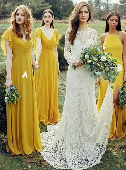Gelbes langes Chiffon-Brautjungfernkleid mit V-Ausschnitt und Rüschen_2