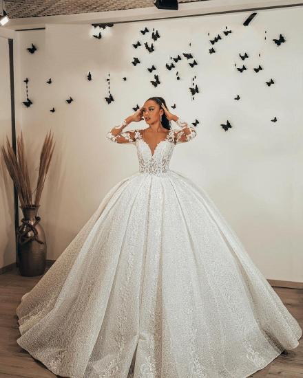 Gorgeous White Floral Lace A-line Ball Gowns with Cathedral Train_3