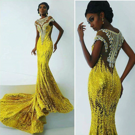 Sparkling Gold Sequins Crystal Prom Dress | Sexy Sheer Tulle Mermaid Evening Dresses_2