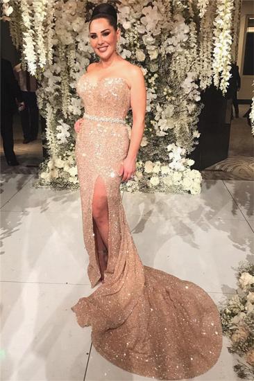 Sexy Champagne Gold Sequins Prom Dresses Cheap 2022 | Beads Belt Sexy Split Formal Evening Gowns_3