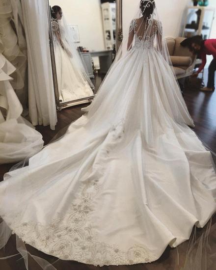 Luxury White Long sleeve A-line Sparkle Beaded Chapel Train Wedding Dress Online with Lace Appliques_3
