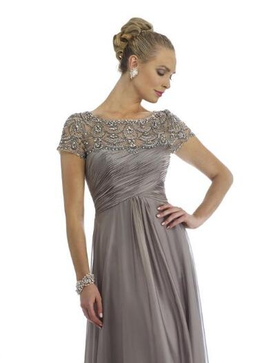 Short Sleeve Grey Long Mother Dress A-Line Crystal Chiffon Evening Gowns_4