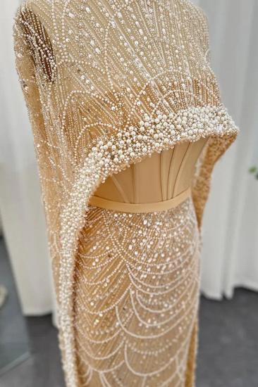 Luxuriöses, durchsichtiges Abendkleid aus Dubai mit Perlen, Cape-Ärmeln, Champagner-Meerjungfrau-Hochzeitskleid_5