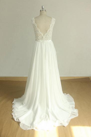 Elegantes ärmelloses Spitzen-Hochzeitskleid mit V-Ausschnitt | Weißes Chiffon-Brautkleid in A-Linie_3