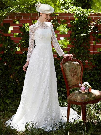 Illusion A-Line Wedding Dress Floral Lace Long Sleeve Bridal Gowns Court Train_4