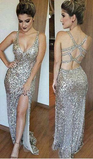 Silver Shiny Sequins Evening Dress 2022 Cheap Open Back Formal Dress with Slit_1