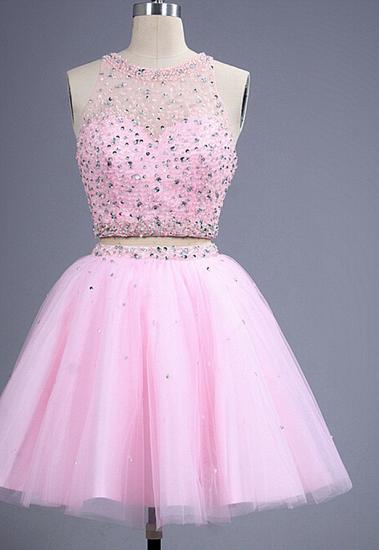 Cute Two Pieces Halter Pink Short Homecoming Dress with Beadings Open Back Mini Cocktail Dress_1
