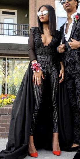 Spezielle V-Ausschnitt Langarm Lace Prom Kleider mit Pailletten Hose | Bodenlangen Abendkleider mit Reißverschluss_5