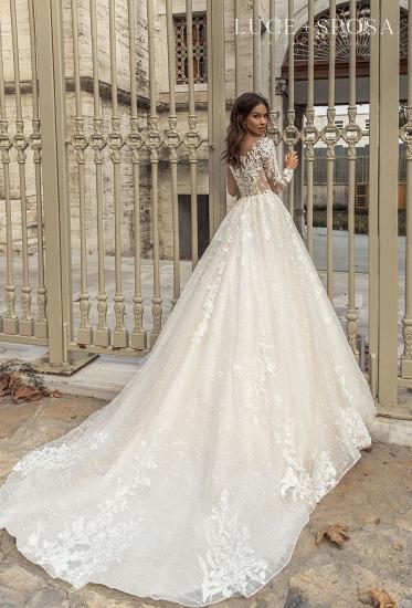 V-neck flower lace aline long sleeve and floor Wedding Dress_4