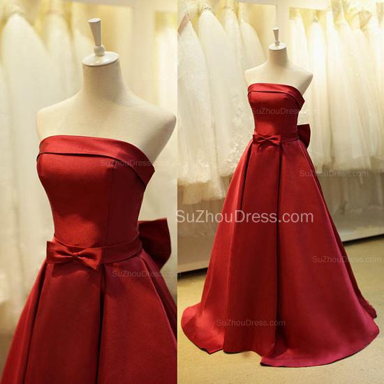 Elegant Strapless Red Satin Long Prom Dresses for Juniors Affordable Fitted Simple Lace-up Evening Dreses with Bowknot B_3