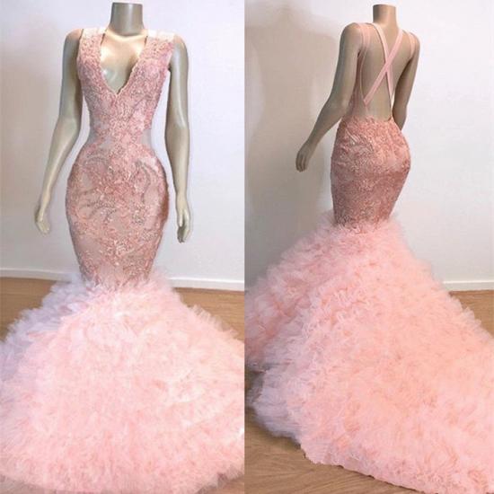 Pink V-Neck Sleeveless Prom Dresses | Mermaid Open Back Lace Evening Dress_3
