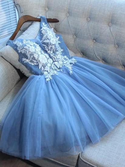 Elegante ärmellose kurze Abiballkleider mit V-Ausschnitt | 2022 Blaue Applikationen Hoco Kleid Billig_3