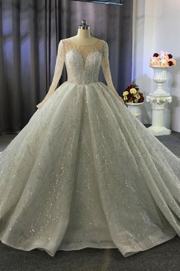 Luxuriöses Ballkleid-langärmliges Kristallperlen-Hochzeitskleid A-Linie Elegant_1